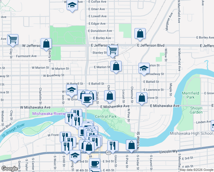map of restaurants, bars, coffee shops, grocery stores, and more near 817 Christyann Street in Mishawaka