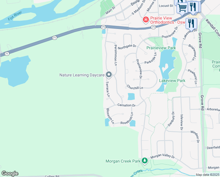 map of restaurants, bars, coffee shops, grocery stores, and more near 416 Terrace Lane in Oswego
