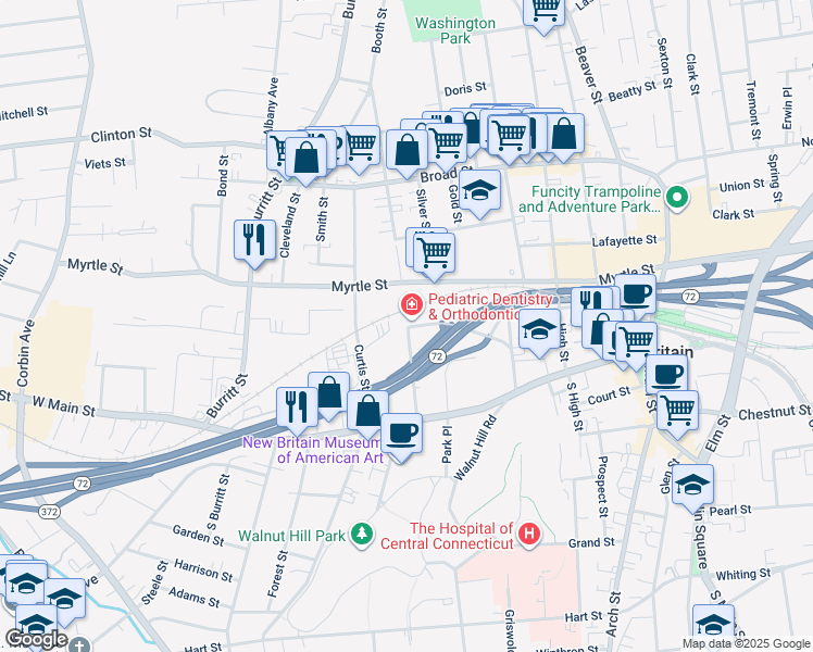 map of restaurants, bars, coffee shops, grocery stores, and more near 3 Grove Hill in New Britain