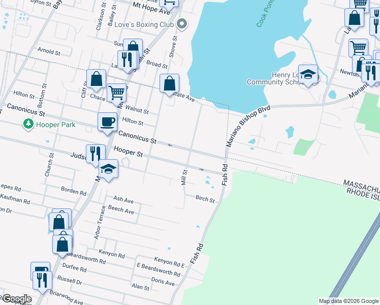 map of restaurants, bars, coffee shops, grocery stores, and more near 19 Mill Street in Tiverton