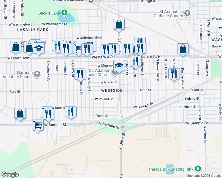 map of restaurants, bars, coffee shops, grocery stores, and more near 2501 Ford Street in South Bend