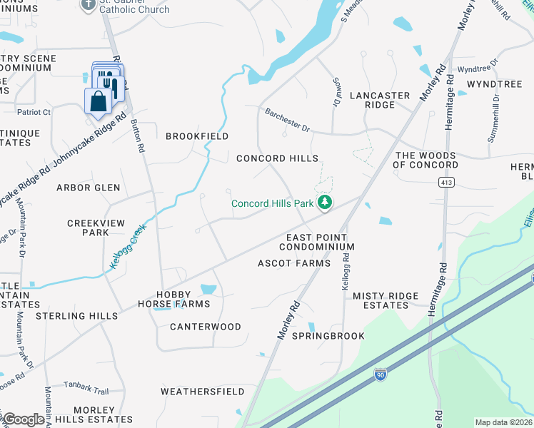 map of restaurants, bars, coffee shops, grocery stores, and more near 10238 Chipmunk Ridge Drive in Painesville