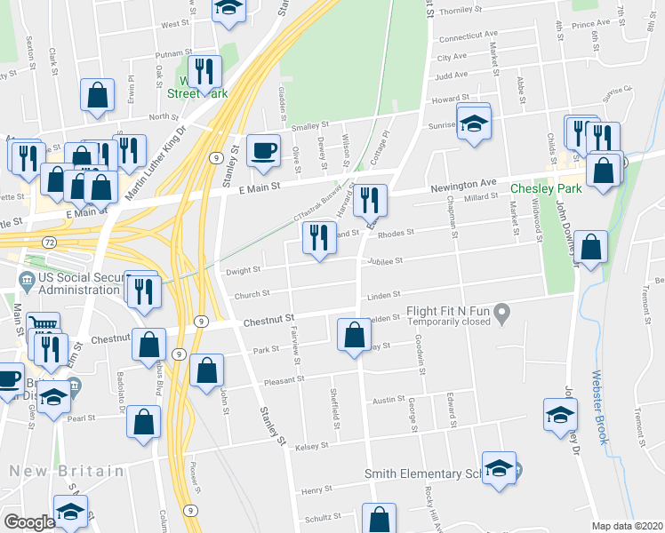 map of restaurants, bars, coffee shops, grocery stores, and more near 151 Dwight Street in New Britain