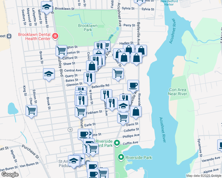 map of restaurants, bars, coffee shops, grocery stores, and more near 79-81 Eugenia Street in New Bedford