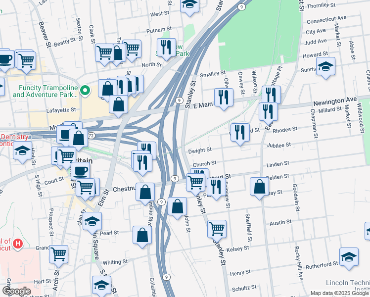 map of restaurants, bars, coffee shops, grocery stores, and more near 777 Stanley Street in New Britain