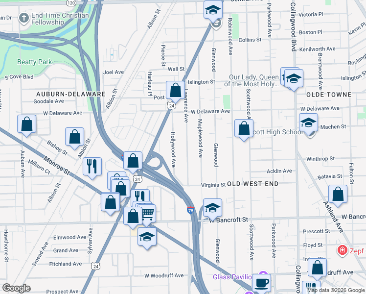 map of restaurants, bars, coffee shops, grocery stores, and more near 2411 Lawrence Avenue in Toledo