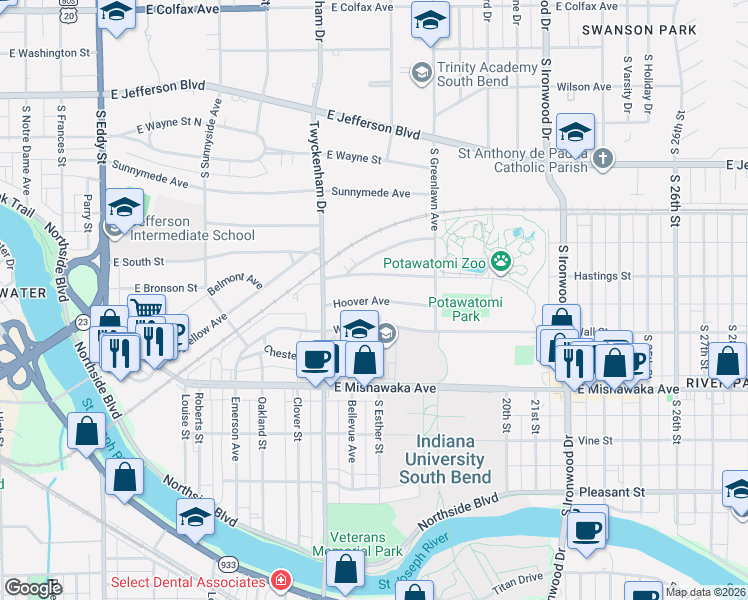 map of restaurants, bars, coffee shops, grocery stores, and more near 1501-1799 Hoover Ave in South Bend