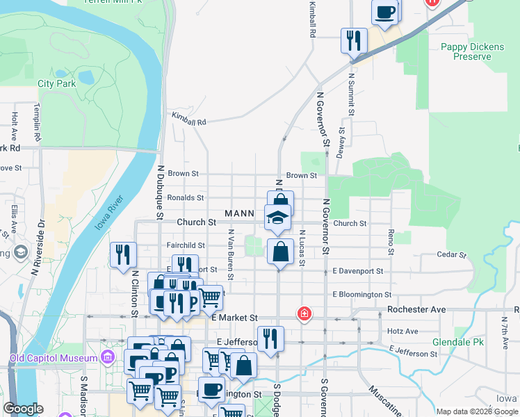 map of restaurants, bars, coffee shops, grocery stores, and more near 614 North Johnson Street in Iowa City