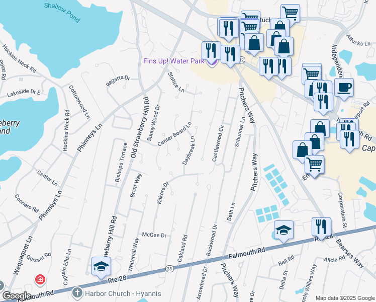 map of restaurants, bars, coffee shops, grocery stores, and more near 53 Daybreak Lane in Barnstable