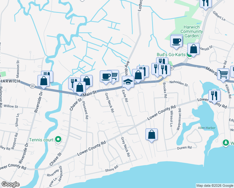 map of restaurants, bars, coffee shops, grocery stores, and more near 104 Earle Road in Harwich