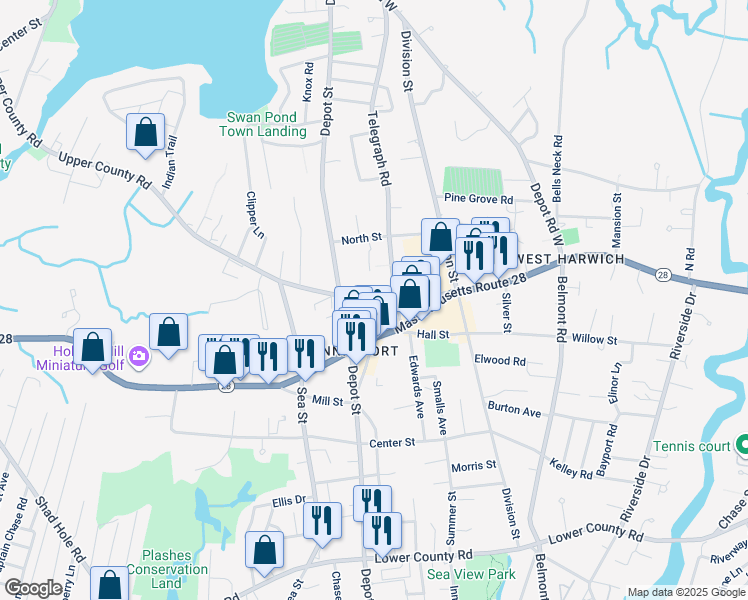 map of restaurants, bars, coffee shops, grocery stores, and more near 237 Upper County Road in Dennis