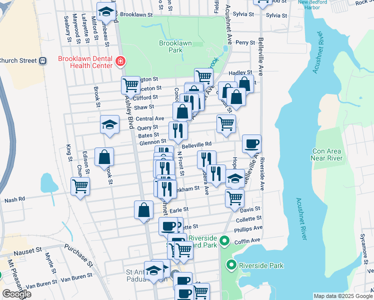 map of restaurants, bars, coffee shops, grocery stores, and more near 570 North Front Street in New Bedford