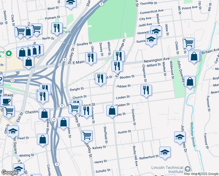 map of restaurants, bars, coffee shops, grocery stores, and more near 155 Dwight Street in New Britain