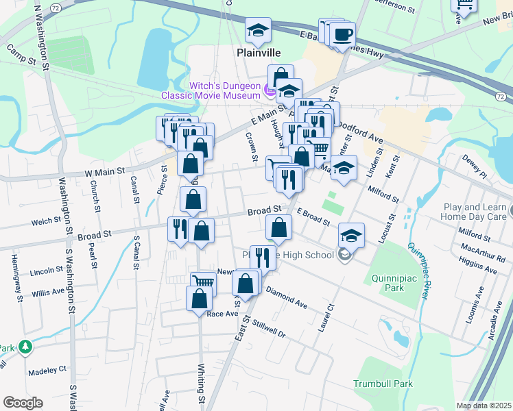 map of restaurants, bars, coffee shops, grocery stores, and more near 29 Broad Street in Plainville
