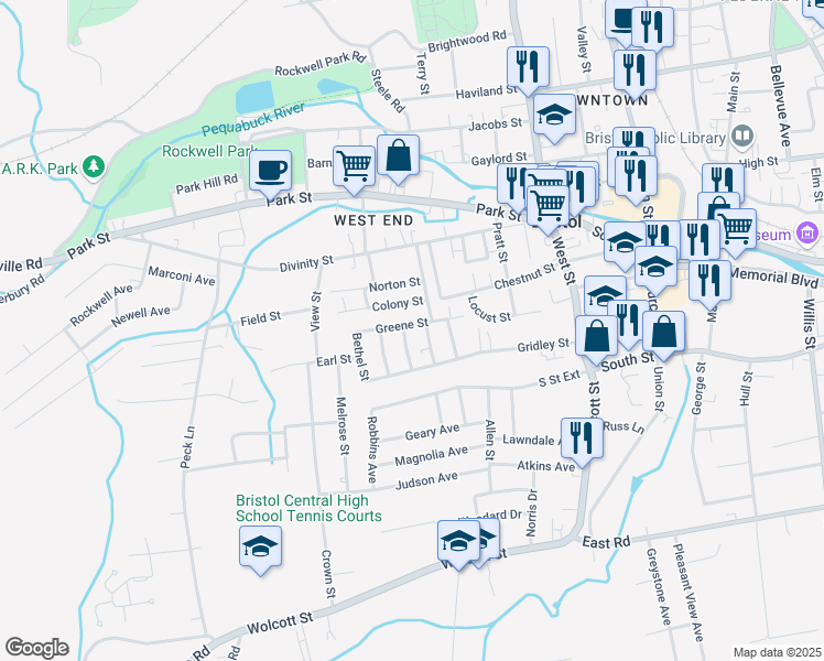 map of restaurants, bars, coffee shops, grocery stores, and more near 6 Edgewood Street in Bristol