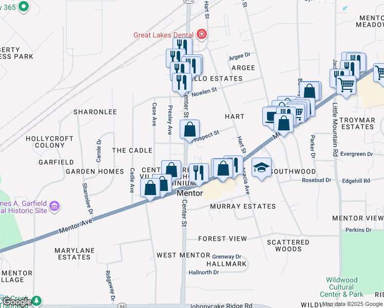 map of restaurants, bars, coffee shops, grocery stores, and more near 7441 Center Street in Mentor