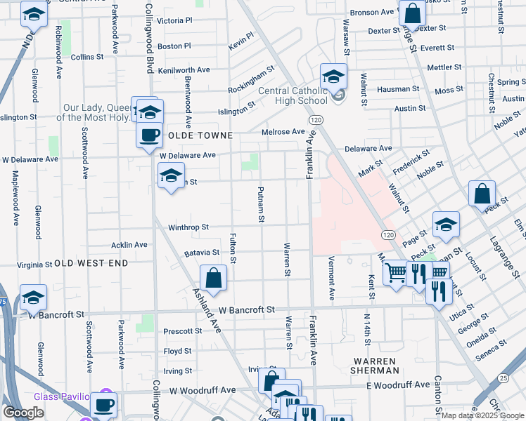 map of restaurants, bars, coffee shops, grocery stores, and more near 2354 Putnam Street in Toledo