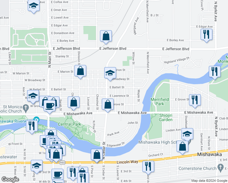 map of restaurants, bars, coffee shops, grocery stores, and more near 813 Elm Street in Mishawaka