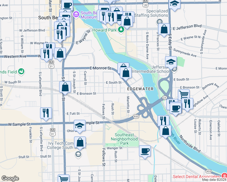 map of restaurants, bars, coffee shops, grocery stores, and more near 611 East Bronson Street in South Bend