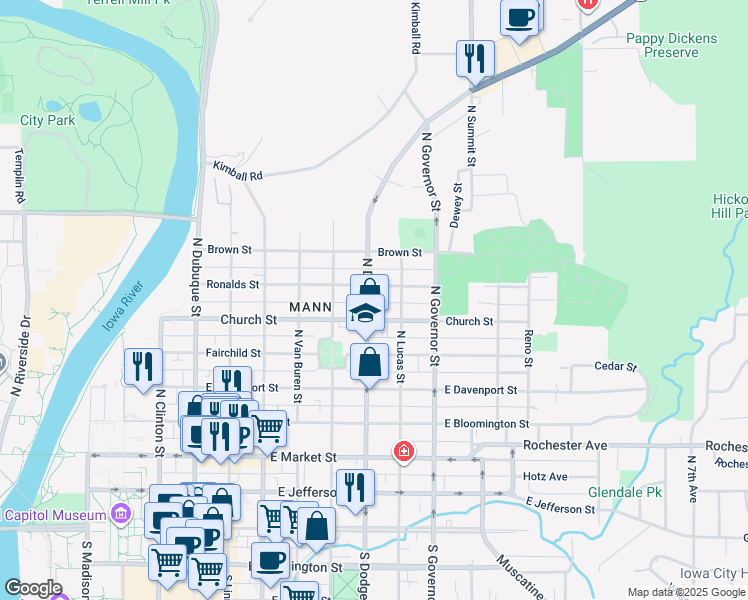 map of restaurants, bars, coffee shops, grocery stores, and more near 618 North Dodge Street in Iowa City