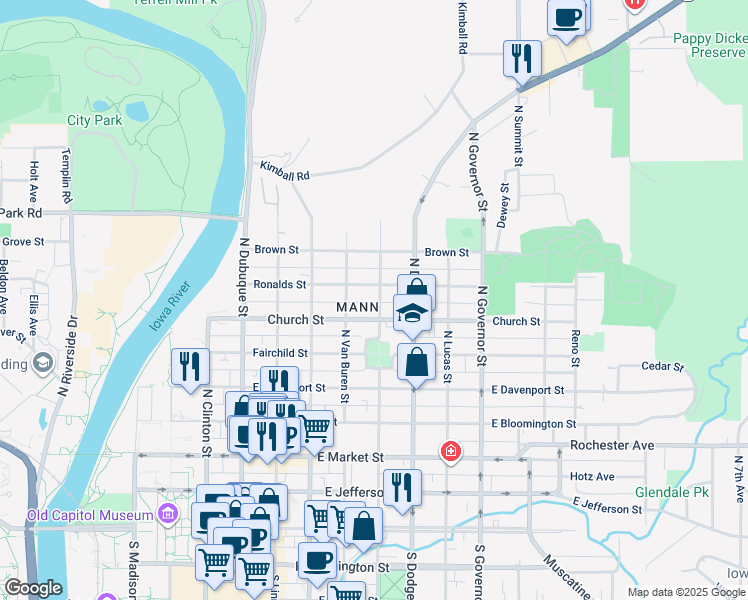 map of restaurants, bars, coffee shops, grocery stores, and more near 614 North Johnson Street in Iowa City
