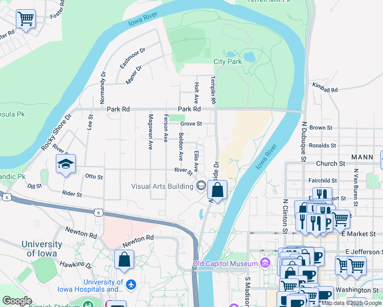 map of restaurants, bars, coffee shops, grocery stores, and more near 329 Ellis Avenue in Iowa City