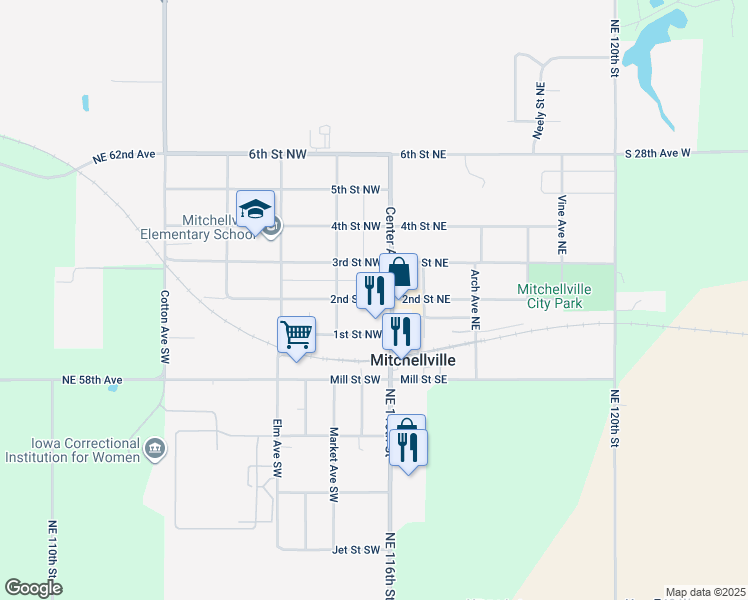 map of restaurants, bars, coffee shops, grocery stores, and more near 102 2nd Street Northwest in Mitchellville