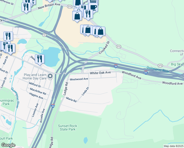 map of restaurants, bars, coffee shops, grocery stores, and more near 86 White Oak Avenue in Plainville