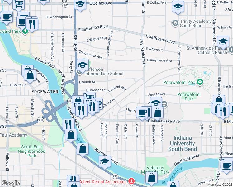 map of restaurants, bars, coffee shops, grocery stores, and more near 1318 Longfellow Avenue in South Bend