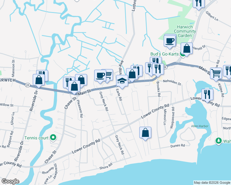 map of restaurants, bars, coffee shops, grocery stores, and more near 104 Earle Rd in Harwich
