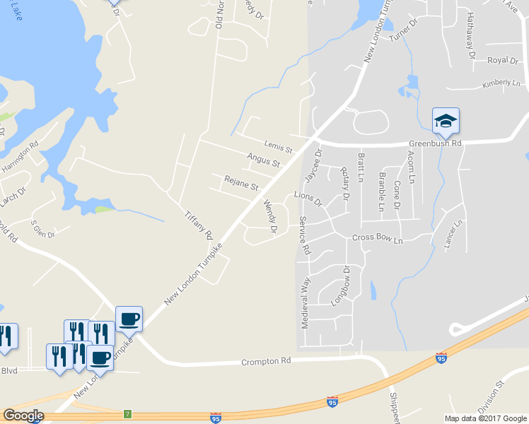 map of restaurants, bars, coffee shops, grocery stores, and more near 6 Wendy Drive in Coventry