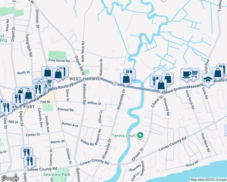 map of restaurants, bars, coffee shops, grocery stores, and more near 12 Berry Way in Harwich
