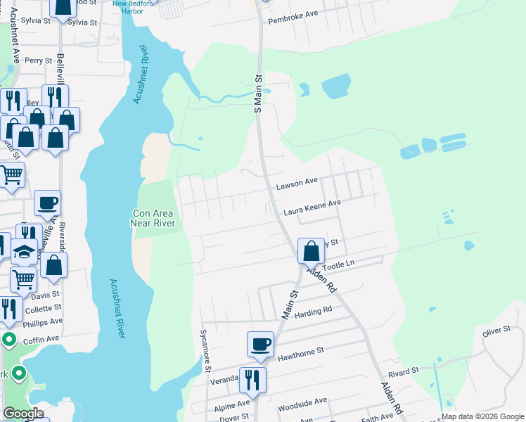 map of restaurants, bars, coffee shops, grocery stores, and more near 43 South Main Street in Acushnet