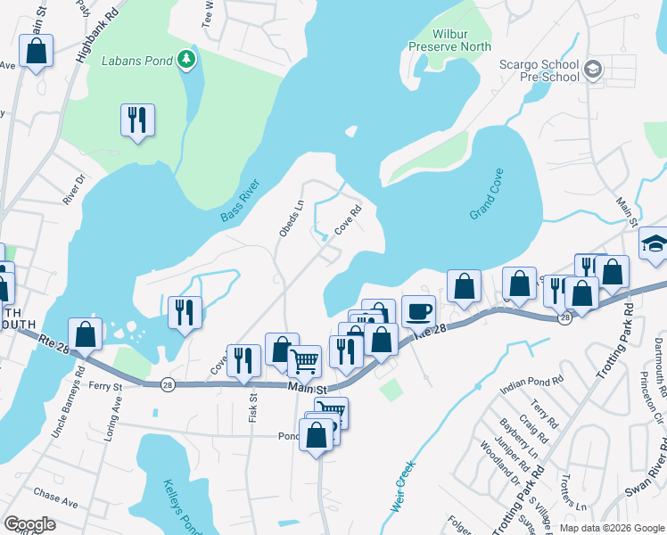 map of restaurants, bars, coffee shops, grocery stores, and more near 12 Captain Donald Path in Dennis
