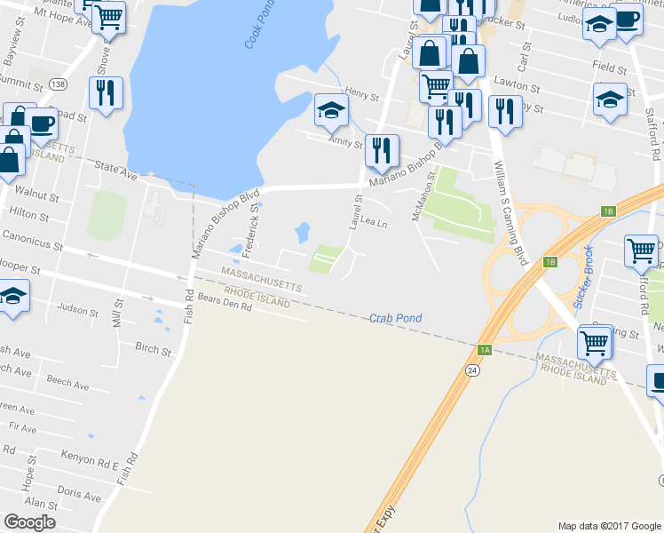 map of restaurants, bars, coffee shops, grocery stores, and more near 1084 Laurel Street in Fall River