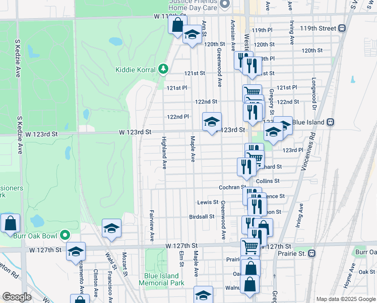 map of restaurants, bars, coffee shops, grocery stores, and more near 12350 Maple Avenue in Blue Island