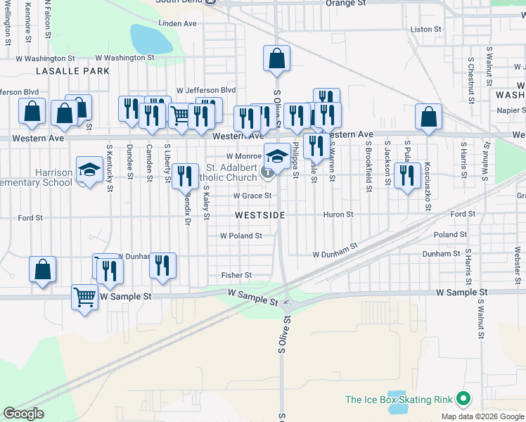map of restaurants, bars, coffee shops, grocery stores, and more near 2501 Ford Street in South Bend