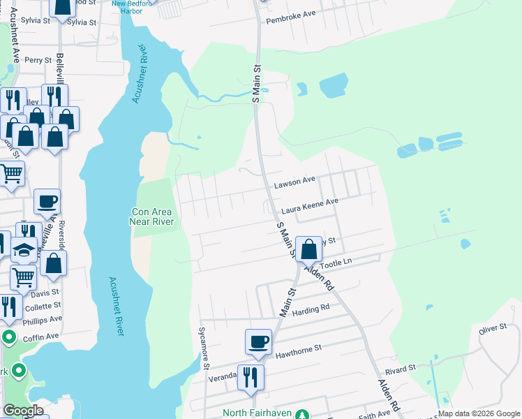 map of restaurants, bars, coffee shops, grocery stores, and more near 43 South Main Street in Acushnet