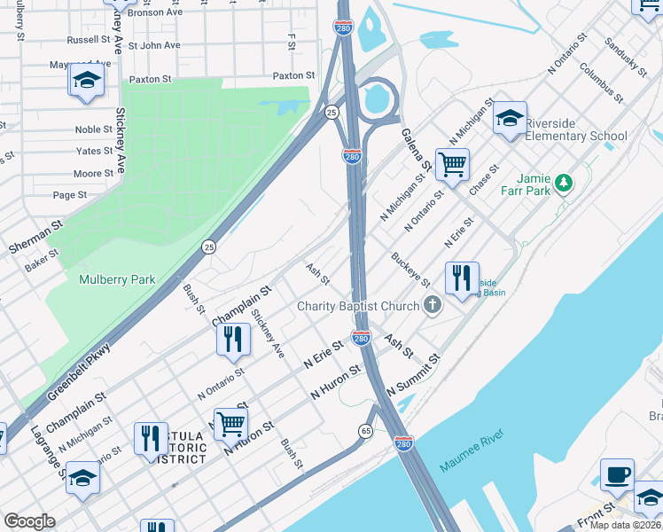 map of restaurants, bars, coffee shops, grocery stores, and more near 1826 N Michigan St in Toledo