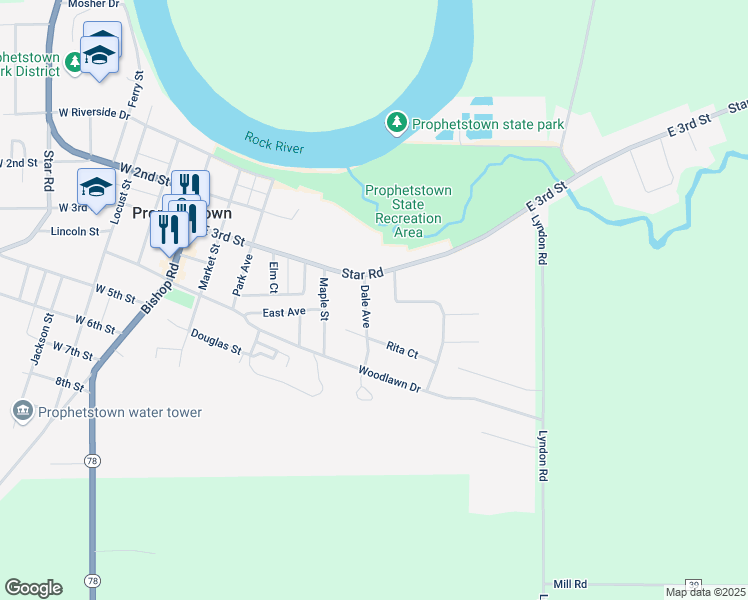 map of restaurants, bars, coffee shops, grocery stores, and more near 309 Dale Avenue in Prophetstown