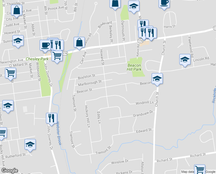 map of restaurants, bars, coffee shops, grocery stores, and more near 165 Beacon Street in Newington