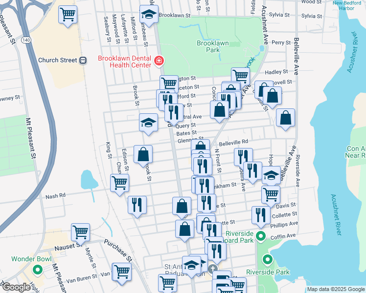 map of restaurants, bars, coffee shops, grocery stores, and more near 191 Belleville Road in New Bedford