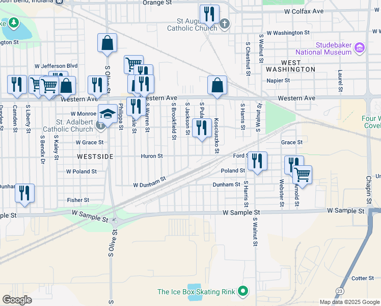map of restaurants, bars, coffee shops, grocery stores, and more near 618 South Jackson Street in South Bend
