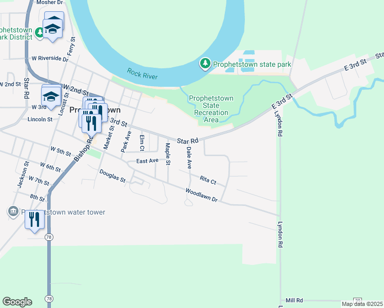 map of restaurants, bars, coffee shops, grocery stores, and more near 309 Dale Avenue in Prophetstown