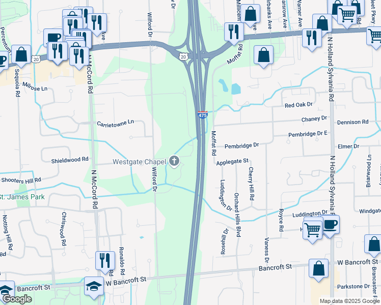 map of restaurants, bars, coffee shops, grocery stores, and more near 2626 Floex Drive in Toledo