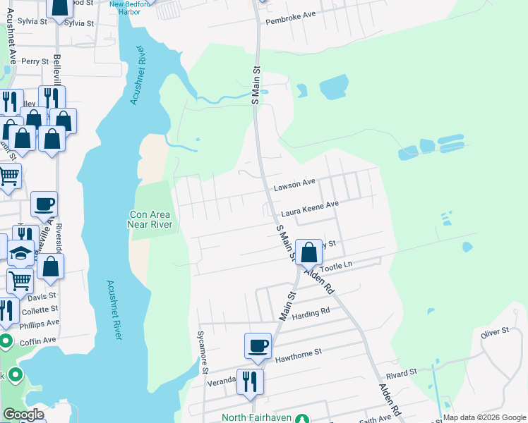 map of restaurants, bars, coffee shops, grocery stores, and more near 43 South Main Street in Acushnet