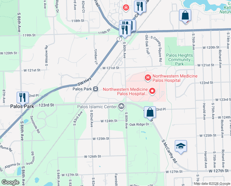 map of restaurants, bars, coffee shops, grocery stores, and more near 121 Commons Drive in Palos Park