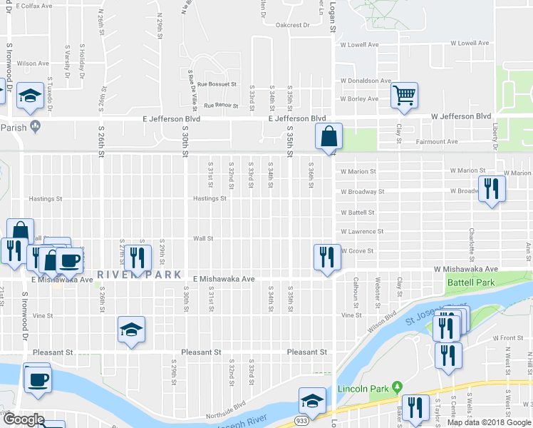 map of restaurants, bars, coffee shops, grocery stores, and more near 721 South 34th Street in South Bend
