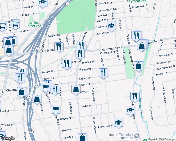 map of restaurants, bars, coffee shops, grocery stores, and more near 51 Jubilee Street in New Britain