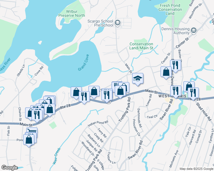 map of restaurants, bars, coffee shops, grocery stores, and more near 49 Old Main Street in Dennis